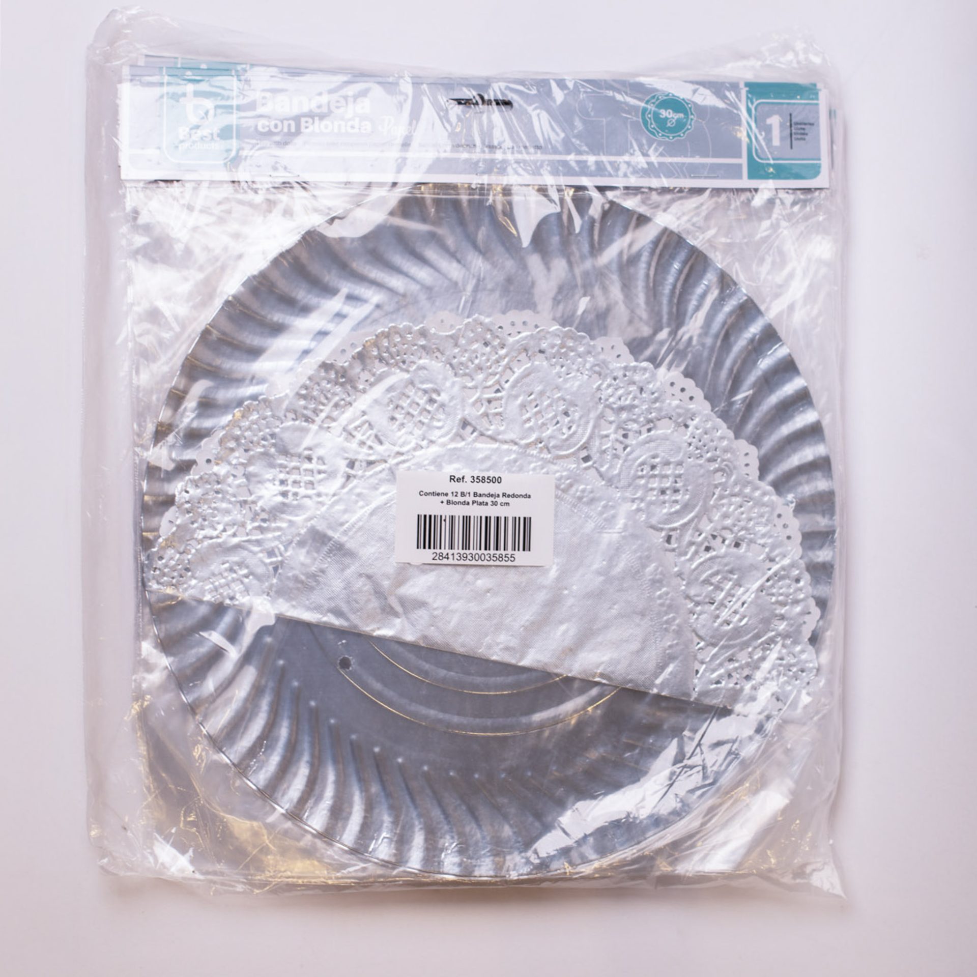 Bandeja Redonda Plateada con Blonda Decorativa 30 cm